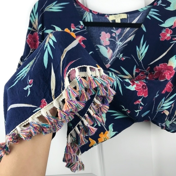 Kori America Navy Floral Pom Pom Boho Top- small - Picture 9 of 13
